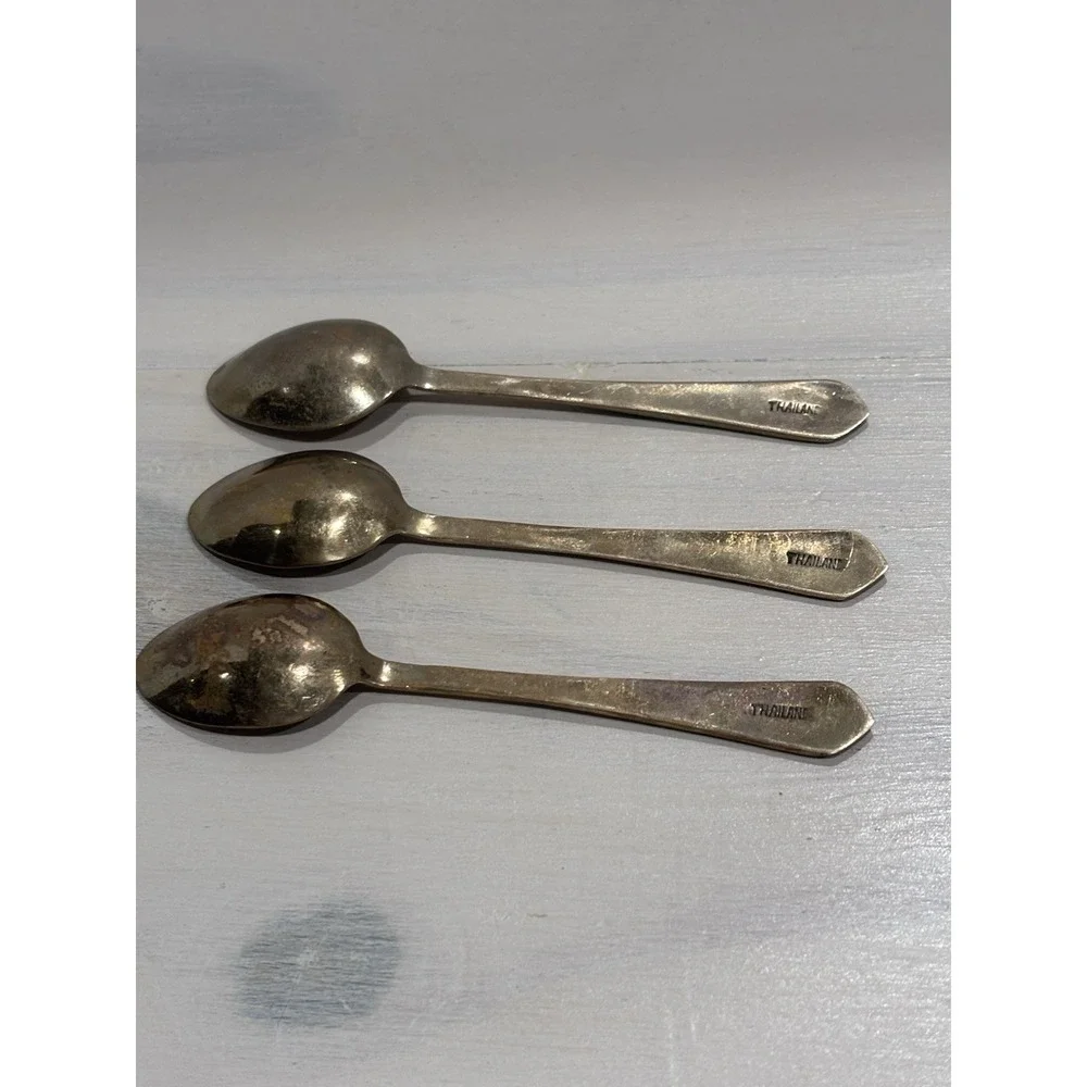 VTG Siam Thailand Demitasse Spoons Set 3 Brass Buddha Green Enamel Nickel Bronze
